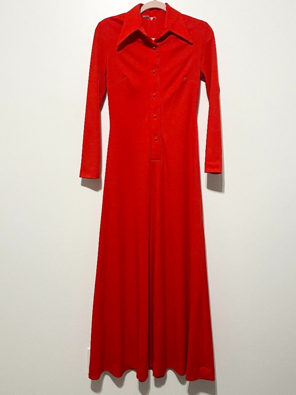 Vintage 70s Red Mod Maxi Hostess Dress 34" Bust Est. S A Line Disco Brady Bunch